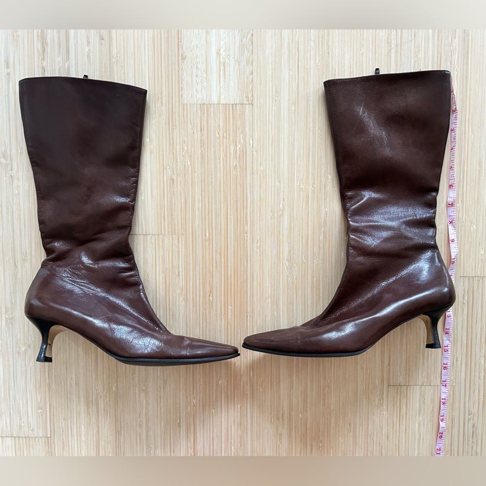Sacco Mid Calf Italian Leather Brown Boots Size 40 Pointy Square Toe Kitten Heel